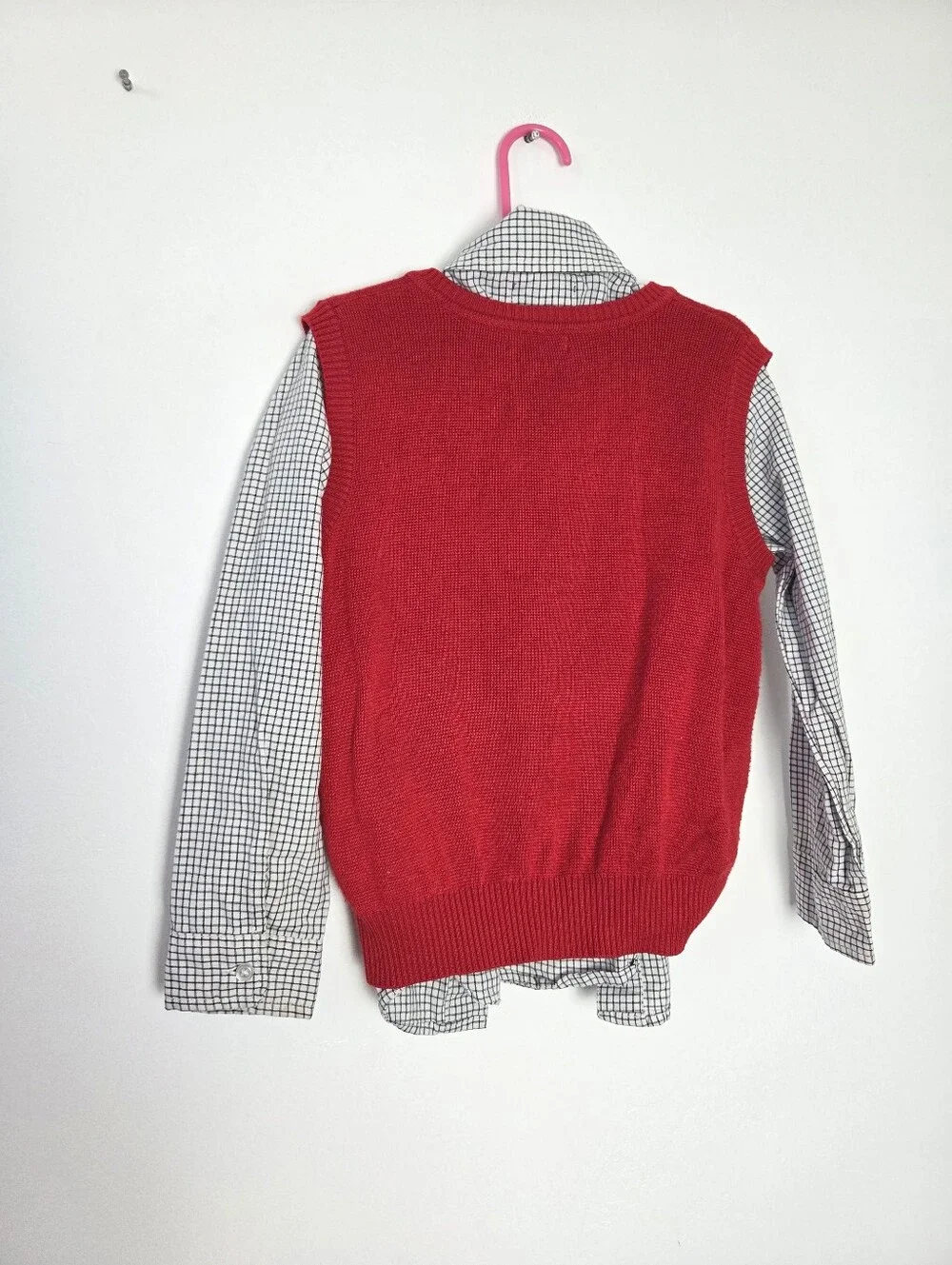 Boys Size 7 Sweater Vest Set Button Up Shirt Slacks Dress Pants Red Christmas